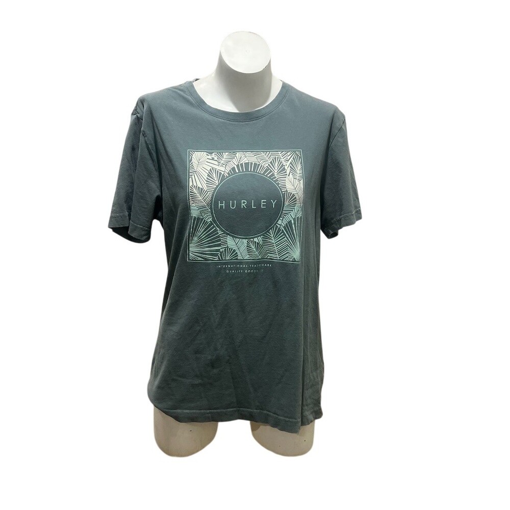 Hurley T-Shirt Mens Size M Green Tropical Leaf Logo Graphic Print Crew